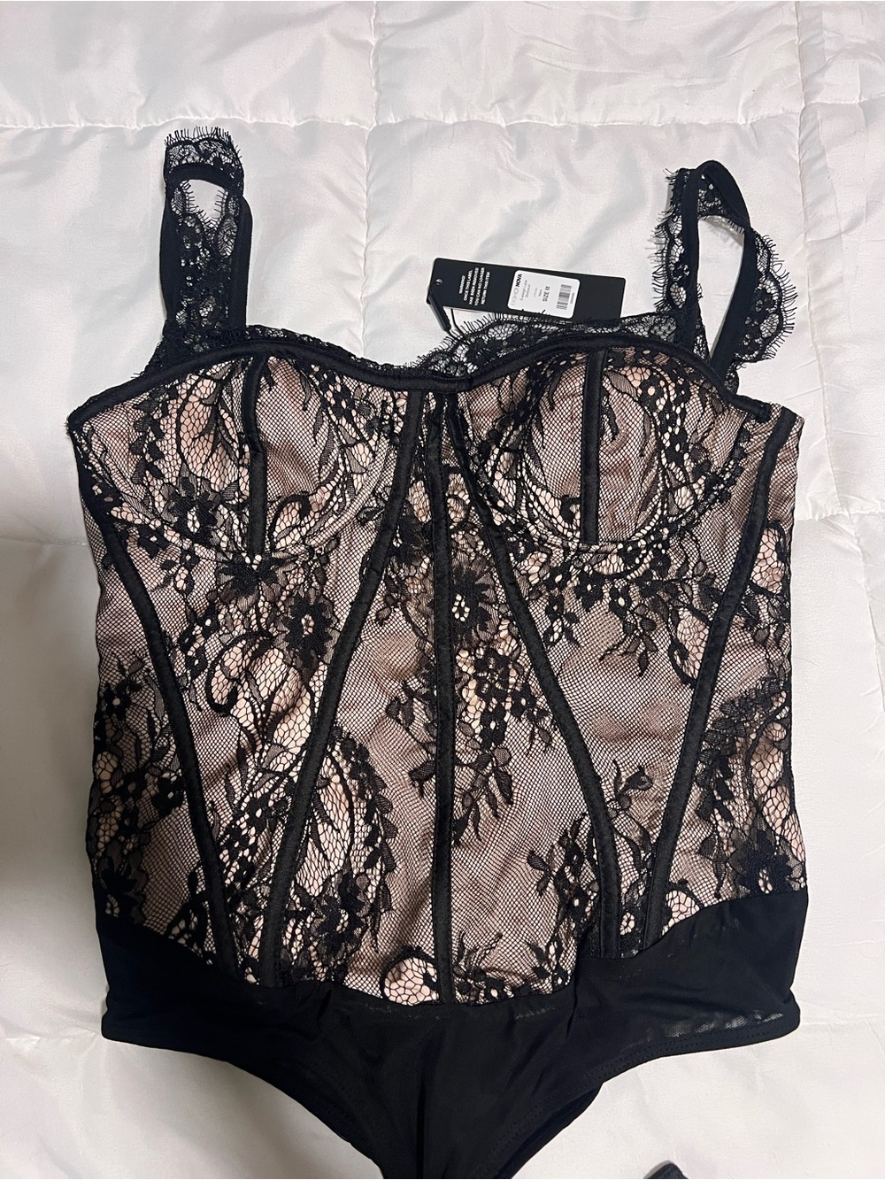 Fashion Nova Black Lace Bodysuit with Nude Lining